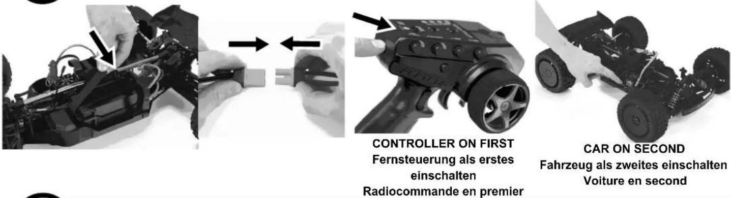 CONTROLLER ON FIRST Fernsteuerung als erstes einschalten Radiocommande en premier CAR ON SECOND Fahrzeug als zweites einschalten Voiture en second