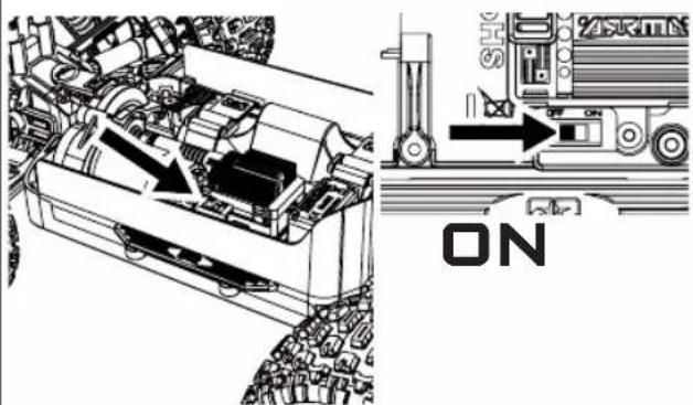 Technical diagram showing engine compartment and front view of a vehicle with ON/OFF labels and directional arrows