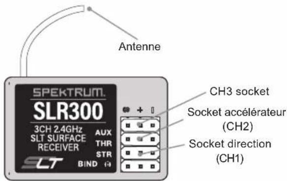 SPEKTRUM. SLR300 3CH 2.4GHz SLT SURFACE RECEIVER AUX THR STR BIND + - Antenne CH3 socket Socket accélérateur (CH2) Socket direction (CH1)