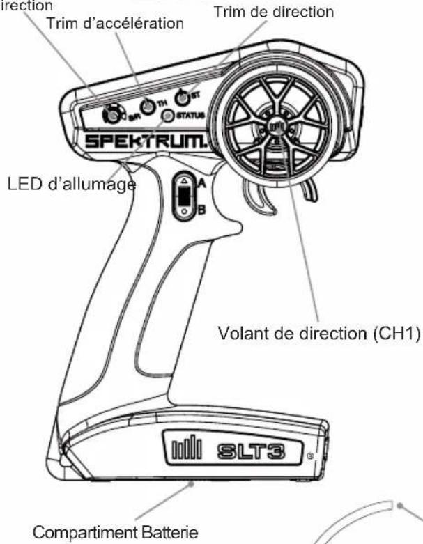 Direction Trim d'accélération Trim de direction SPEKTRUM. LED d'allumage A B Volant de direction (CH1) SLT3 Compartment Batterie
