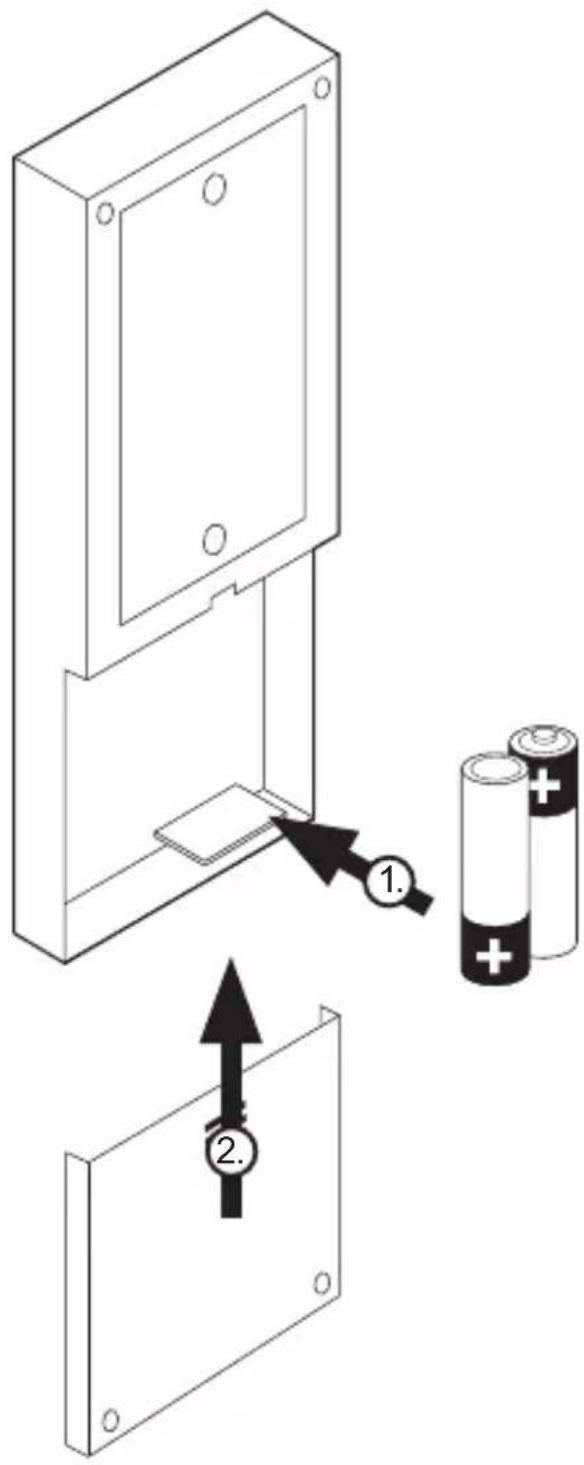 Diagram showing two steps of battery installation: one with a component labeled '1' and the other with an arrow labeled '2'.