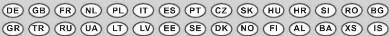 DE GB FR NL PL IT ES PT CZ SK HU HR SI RO BG GR TR RU UA LT LV EE SE DK NO FI AL BA XS IS