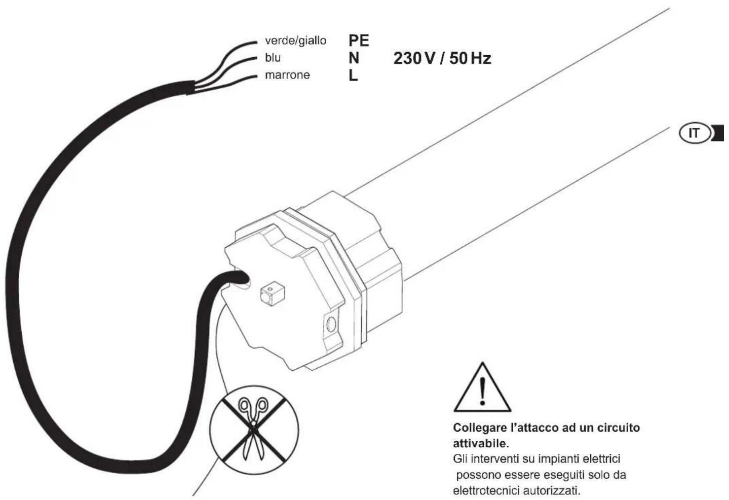 verde/giallo blu marrone PE N 230 V / 50 Hz L IT Collegare l'attacco ad un circuito attivabile. Gli interventi su impianti elettrici possono essere eseguiti solo da elettrotecnici autorizzati.