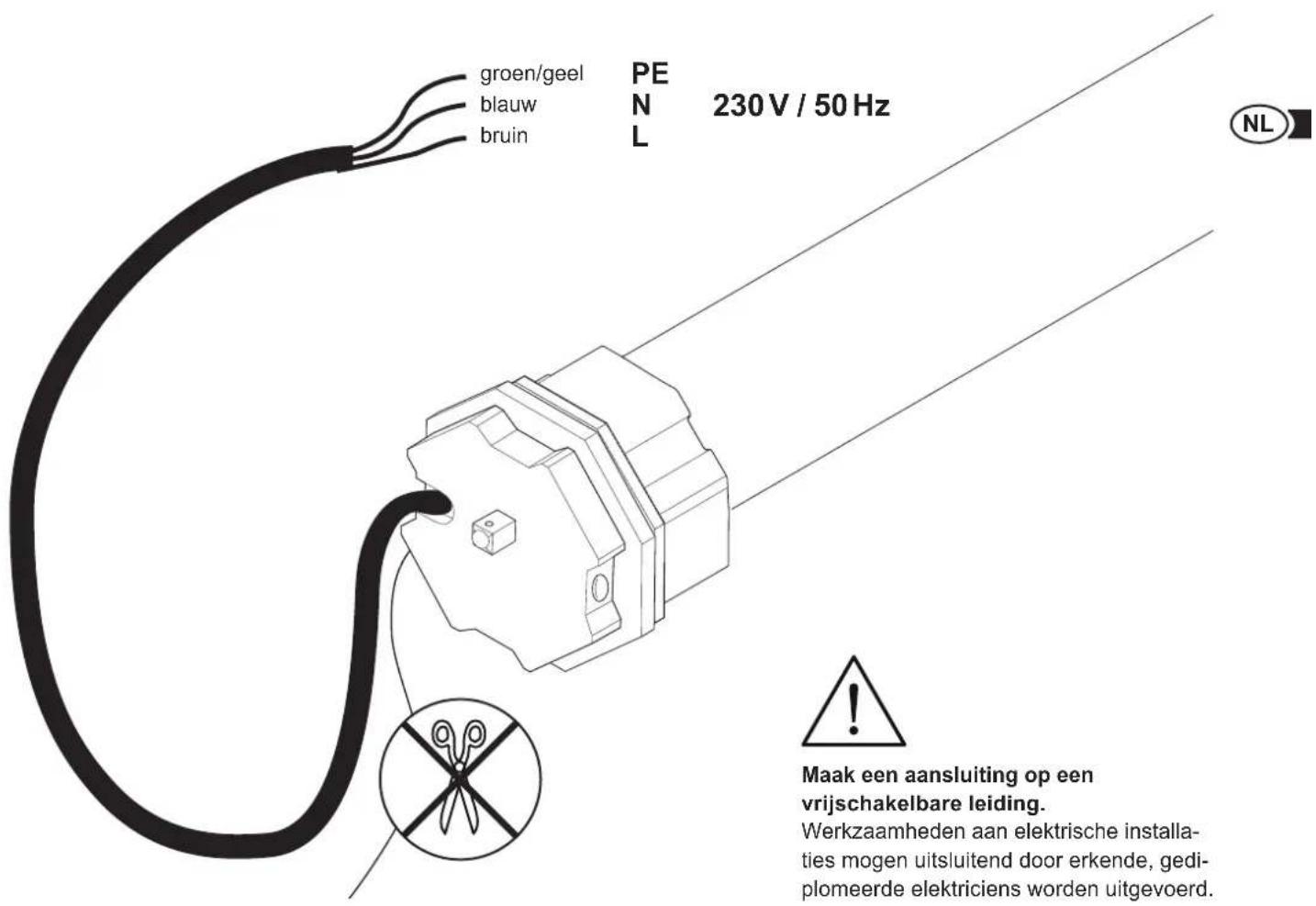groen/geel blauw bruin PEN 230 V / 50 Hz NL Maak een aansluiting op een vrijschakelbare leiding. Werkzaamheden aan elektrische installa- ties mogen uitsluitend door erkende, gedi- plomeerde elektriciens worden uitgevoerd.