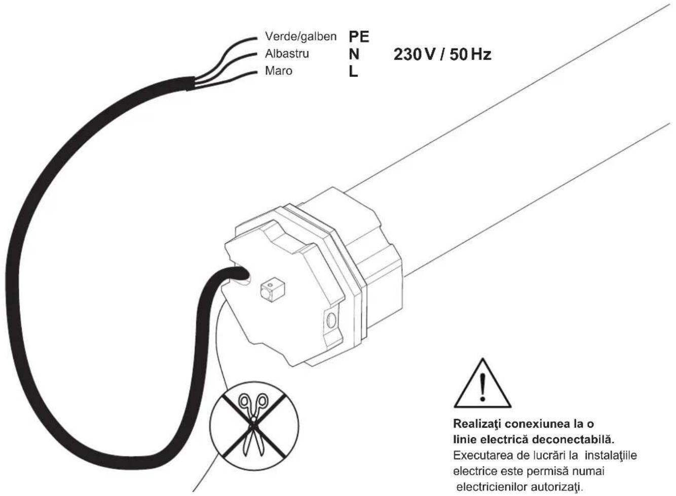 Verde/galben PE Albastru N 230 V / 50 Hz Maro L Realizați conexiunea la o linie electrică deconectabilă. Executarea de lucrări la instalațiile electrice este permisă numai elctricienilor autorizați.