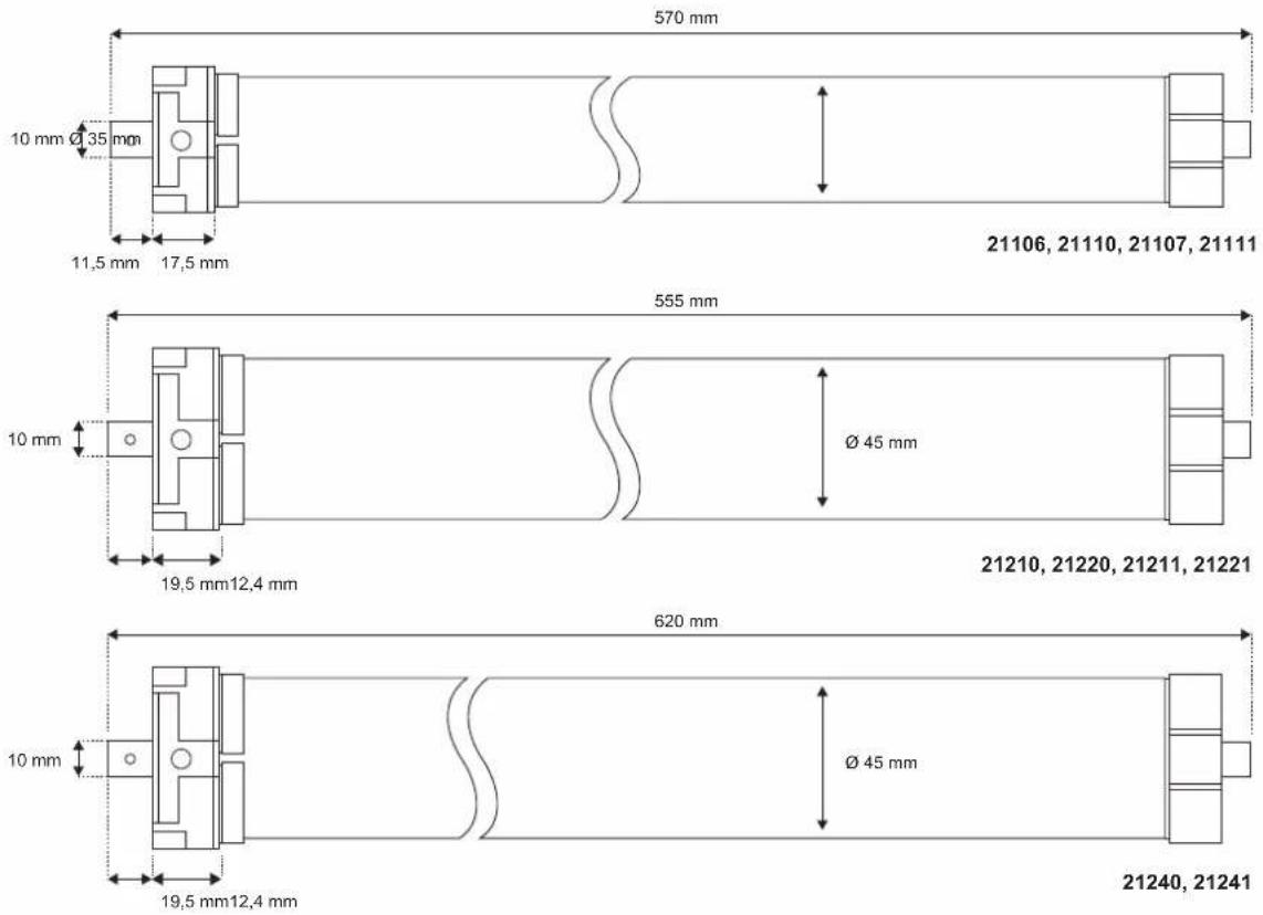 570 mm 10 mm Ø 35 mm 11,5 mm 17,5 mm 21106, 21110, 21107, 21111 555 mm 10 mm Ø 45 mm 19,5 mm 12,4 mm 21210, 21220, 21211, 21221 620 mm 10 mm Ø 45 mm 19,5 mm 12,4 mm 21240, 21241