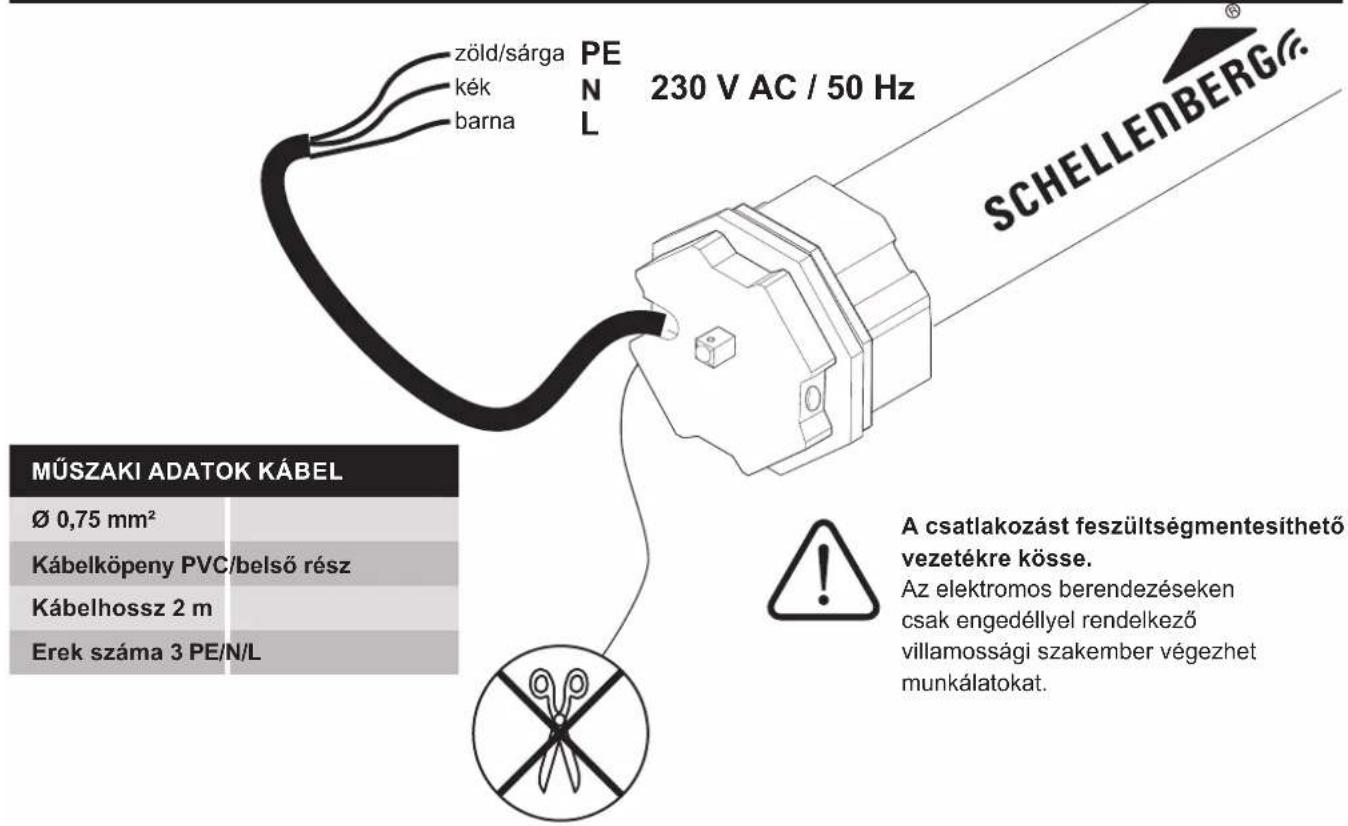 zöld/sárga kék barna PEN 230 V AC / 50 Hz MŰSZAKI ADATOK KÁBEL Ø 0,75 mm² Kábelköpeny PVC/belső rész Kábelhossz 2 m Erek száma 3 PE/N/L A csatlakozást feszültségmentesíthető vezetékre kösse. Az elektromos berendezéseken csak engedéllyel rendelkező villamossági szakember végezhet munkálatokat.