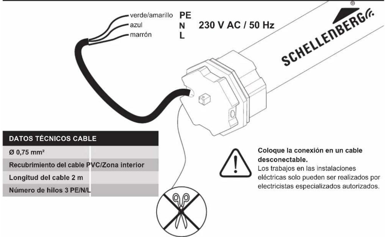 verde/amarillo azul marrón PEN 230 V AC / 50 Hz SCHELLENBERG® DATOS TÉCNICOS CABLE Ø 0,75 mm² Recubrimiento del cable PVC/Zona interior Longitud del cable 2 m Número de hilos 3 PE/N/L Coloque la conexión en un cable desconectable. Los trabajos en las instalaciones eléctricas solo pueden ser realizados por electricistas especializados autorizados.