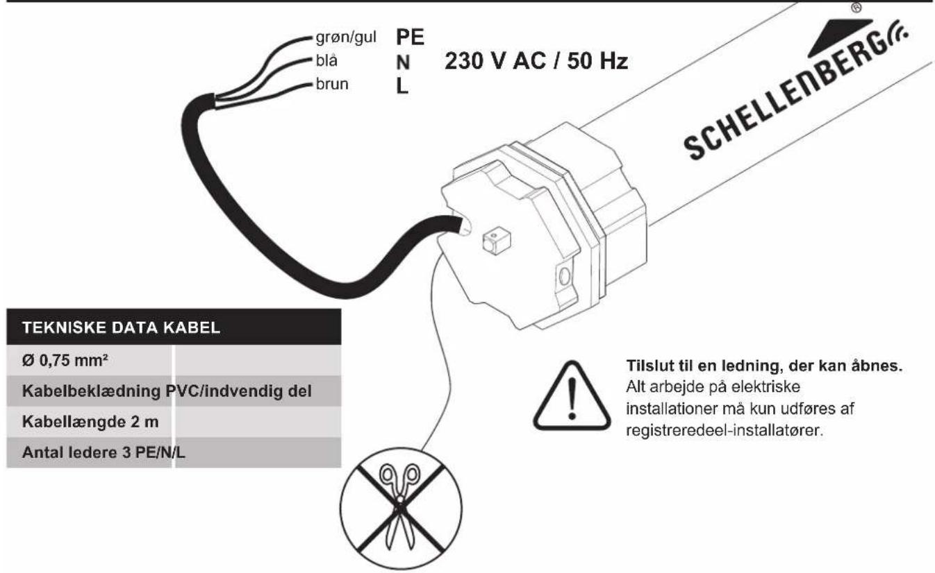 grøn/gul blå brun PEN 230 V AC / 50 Hz TEKNISKE DATA KABEL Ø 0,75 mm² Kabelbeklædning PVC/indvendig del Kabellængde 2 m Antal ledere 3 PE/N/L Tilslut til en ledning, der kan åbnes. Alt arbejde på elektriske installationer må kun udføres af registreredeel-installatører. SCHELLENBERG®