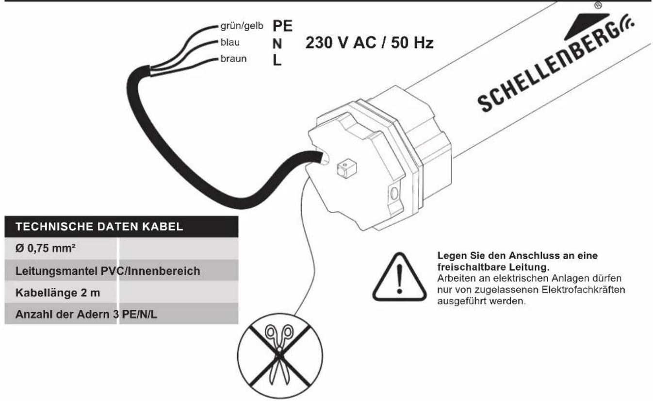 grün/gelb blau braun PEN 230 V AC / 50 Hz L SCHELLENBERG® TECHNISCHE DATEN KABEL Ø 0,75 mm² Leitungsmantel PVC/Innenbereich Kabellänge 2 m Anzahl der Adern 3 PE/N/L Legen Sie den Anschluss an eine freischaltbare Leitung. Arbeiten an elektrischen Anlagen dürfen nur von zugelassenen Elektrofachkräften ausgeführt werden.