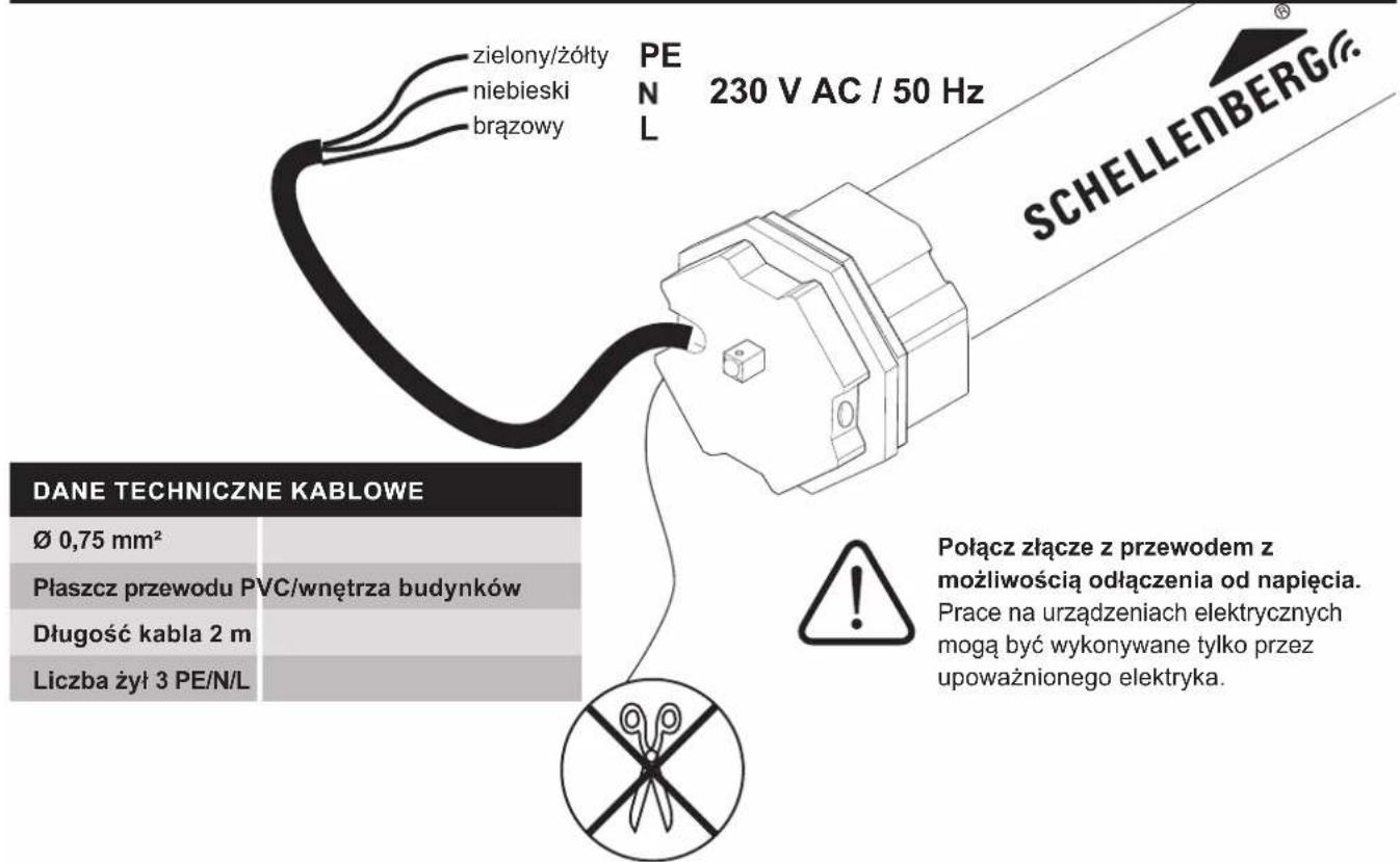 zielony/żółty niebieski brązowy PEN 230 V AC / 50 Hz SCHELLENBERG® DANE TECHNICZNE KABLOWE Ø 0,75 mm² Płaszcz przewodu PVC/wnętrza budynków Długość kabla 2 m Liczba żył 3 PE/N/L Połącz złącze z przewodem z możliwością odłączenia od napięcia. Prace na urządzeniach elektrycznych mogą być wykonywane tylko przez upoważnionego elektryka.