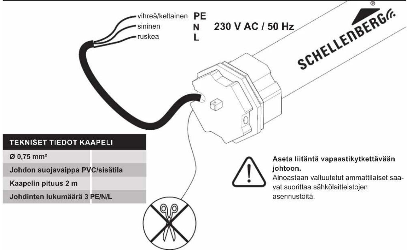 vihreä/keltainen sininen ruskea PE N L 230 V AC / 50 Hz SCHELLENBERG® TEKNISET TIEDOT KAAPELI Ø 0,75 mm² Johdon suojavaippa PVC/sisätila Kaapelin pituus 2 m Johdinten lukumäärä 3 PE/N/L Aseta liitäntä vapaastikytkettävään johtoon. Ainoastaan valtuutetut ammattilaiset saa- vat suorittaa sähkölaitteistojen asennustöitä.