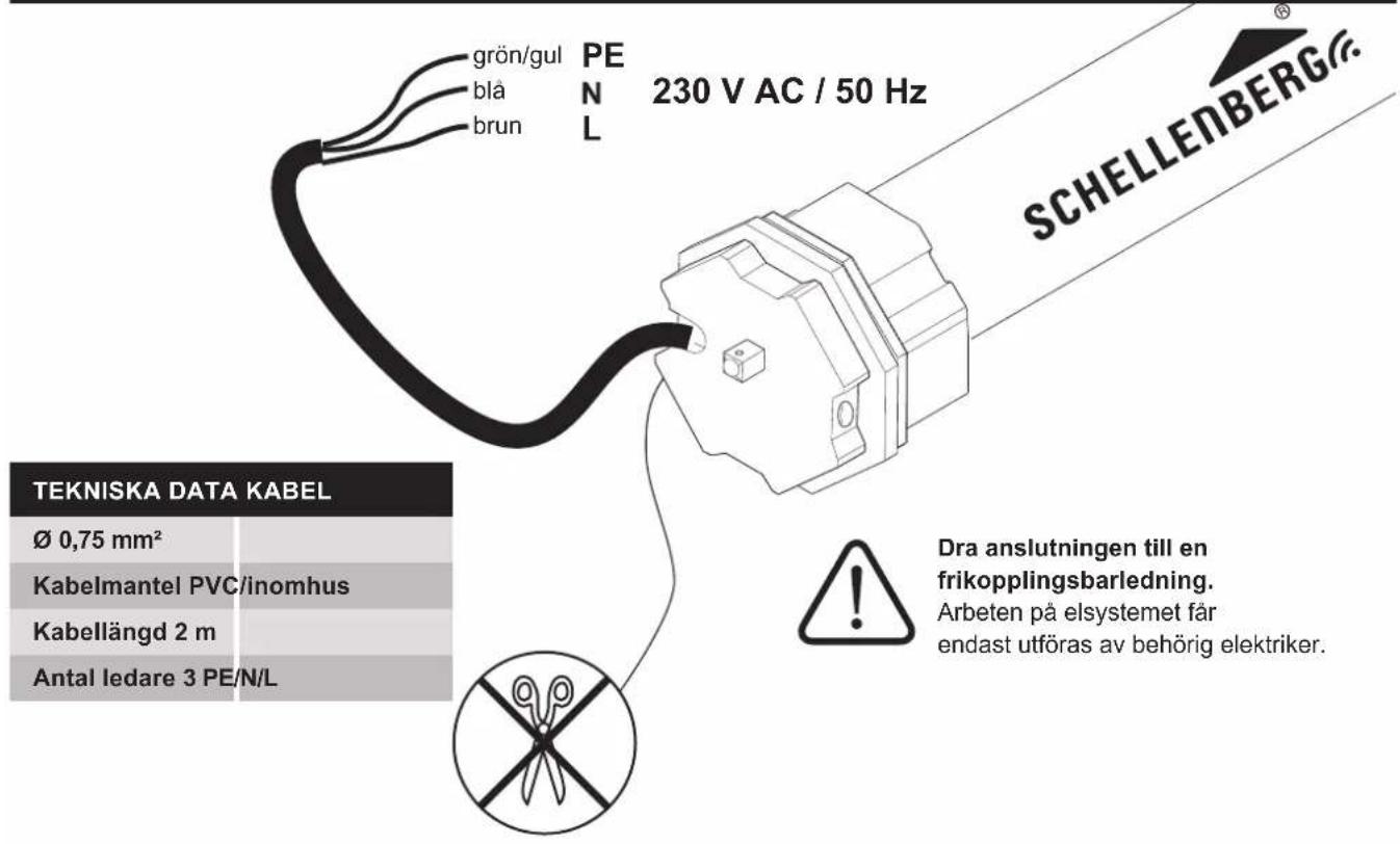 grön/gul blå brun PEN 230 V AC / 50 Hz L SCHELLENBERG® TEKNISKA DATA KABEL Ø 0,75 mm² Kabelmantel PVC/inomhus Kabellängd 2 m Antal ledare 3 PE/N/L Dra anslutningen till en frikopplingsbarledning. Arbeten på elsystemet får endast utföras av behörig elektriker.