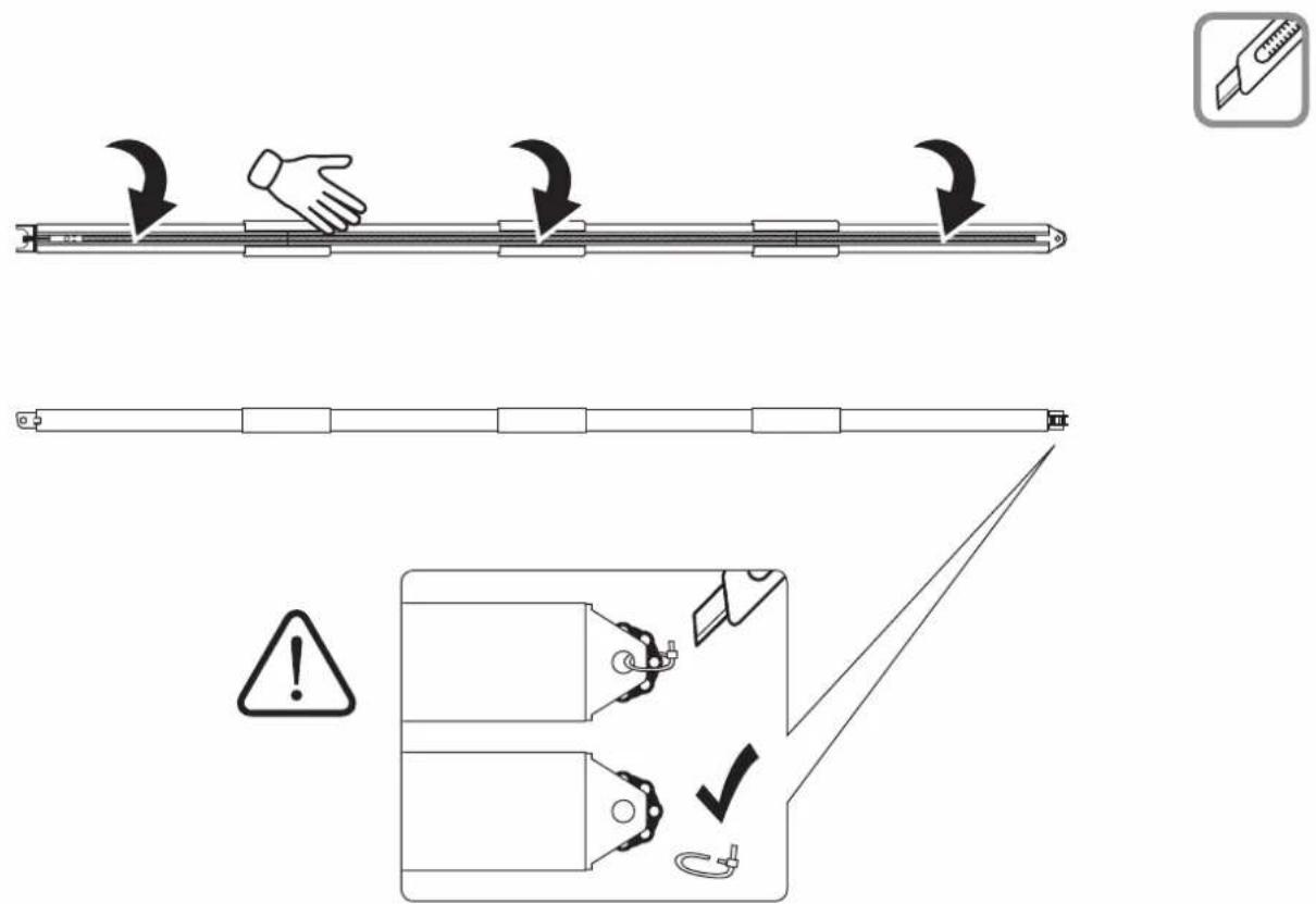 Diagram illustrating a mechanical assembly process with hand placement, warning symbols, and tool application icons.