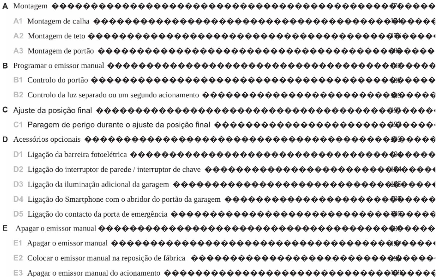 A Montagem A1 Montagem de calha A2 Montagem de teto A3 Montagem de portão B Programar o emissor manual B1 Controlo do portão B2 Controlo da luz separado ou um segundo acionamento C Ajuste da posição final C1 Paragem de perigo durante o ajuste da posição final D Acessórios opcionais D1 Ligação da barreira fotoelétrica D2 Ligação do interruptor de parede / interruptor de chave D3 Ligação da iluminação adicional da garagem D4 Ligação do Smartphone com o abridor do portão da garagem D5 Ligação do contacto da porta de emergência E Apagar o emissor manual E1 Apagar o emissor manual E2 Colocar o emissor manual na reposição de fábrica E3 Apagar o emissor manual do acionamento