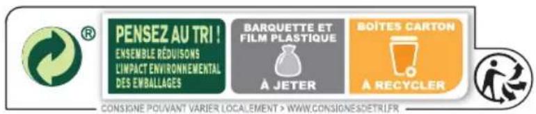 PENSEZ AU TRI ! ENSEMBLE RÉDUISONS L'IMPACT ENVIRONNEMENTAL DES EMBALLAGES BARQUETTE ET FILM PLASTIQUE À JETER BOÎTES CARTON À RECYCLER CONSIGNE POUVANT VARIER LOCALEMENT > WWW.CONSIGNESOETRI.FR