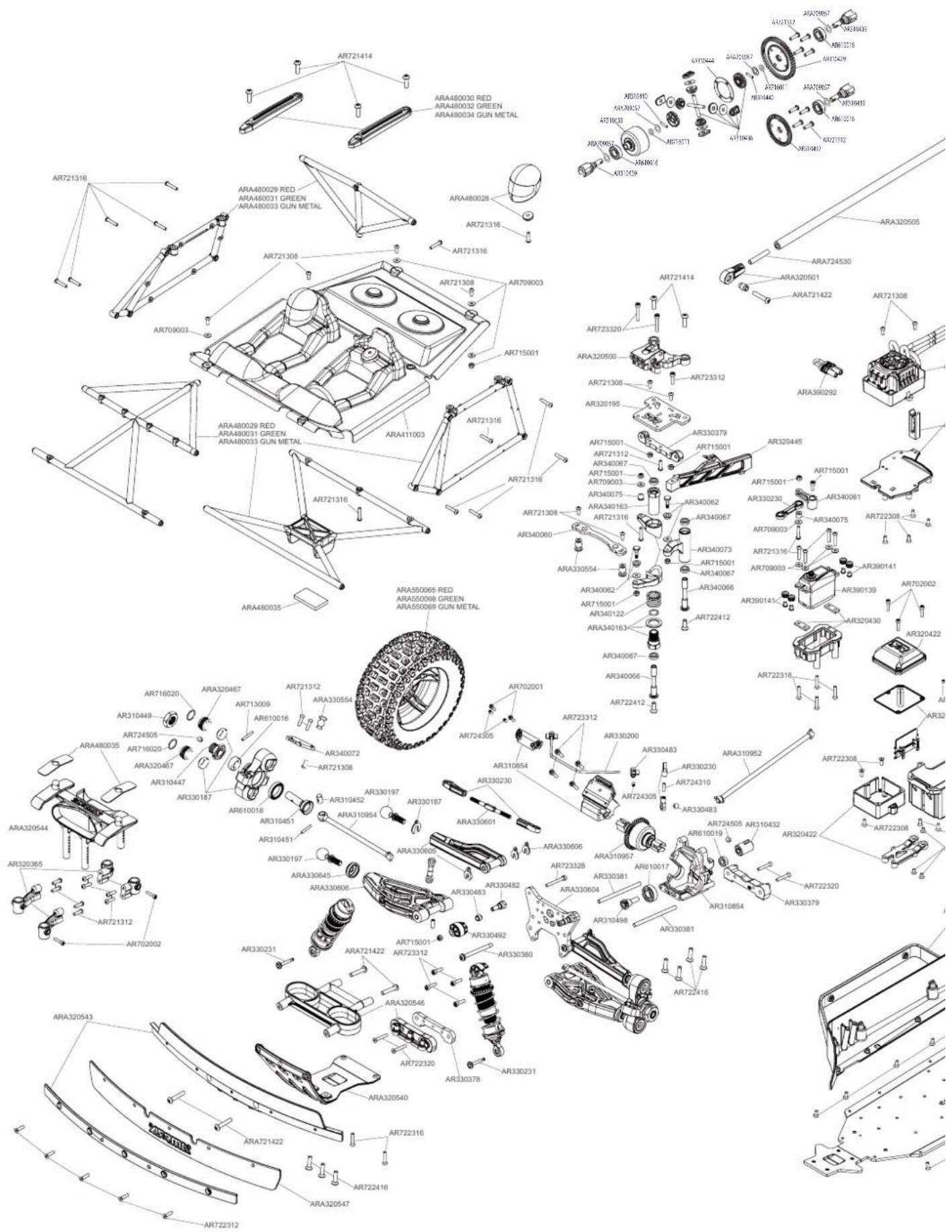 Exploded view diagram of ARA series automotive components with labeled parts and part numbers