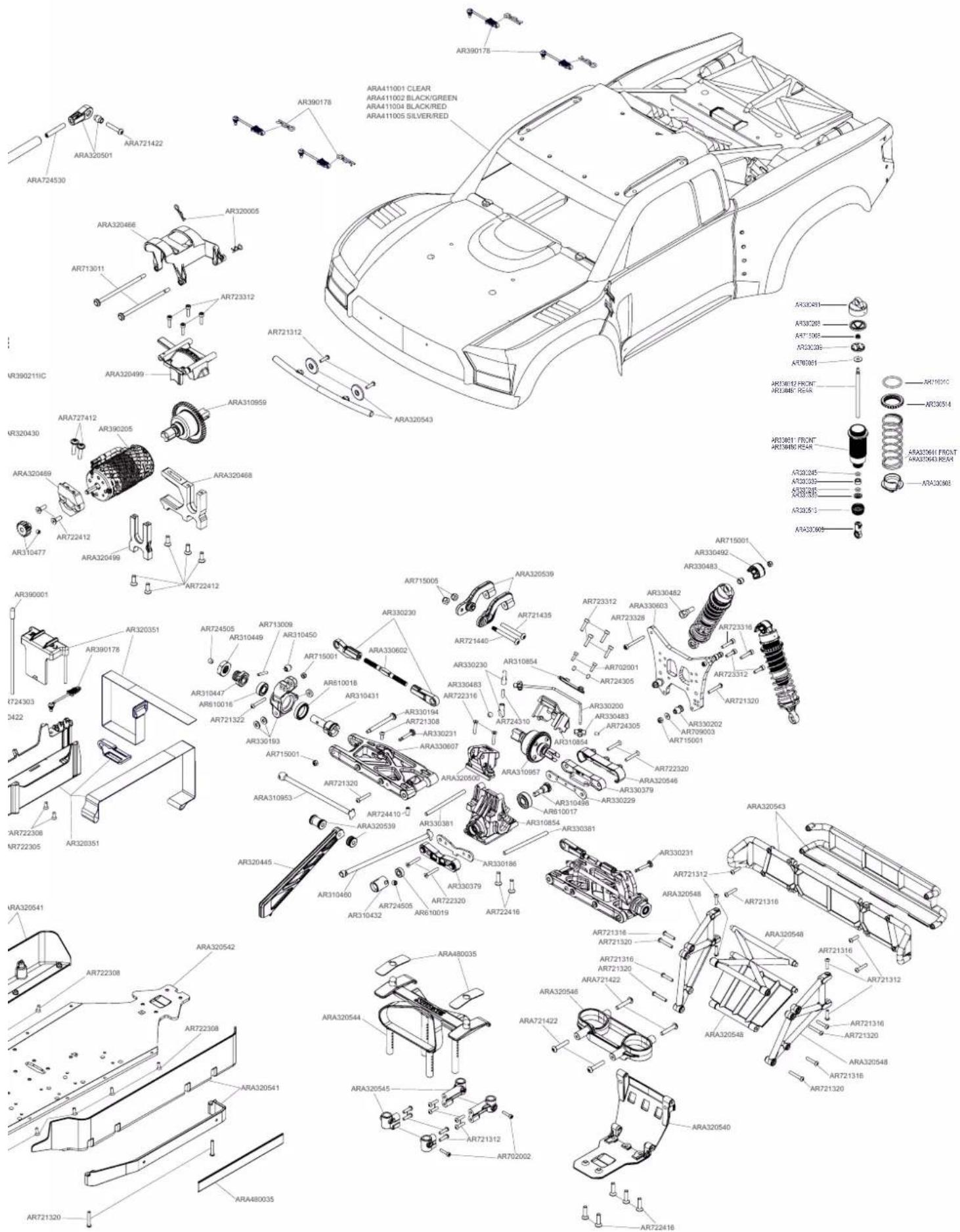 Exploded view diagram of an automotive chassis with labeled components and assembly details