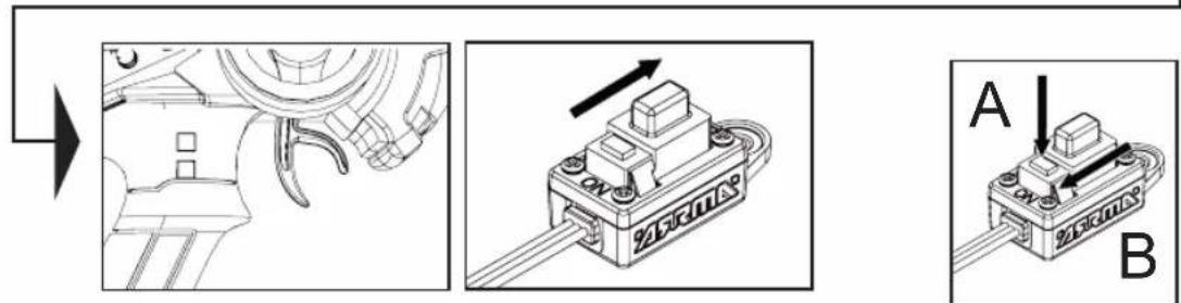 Technical diagram showing three-step assembly process: mechanical component, motor component with directional arrow, and final motor component with labeled parts A and B.