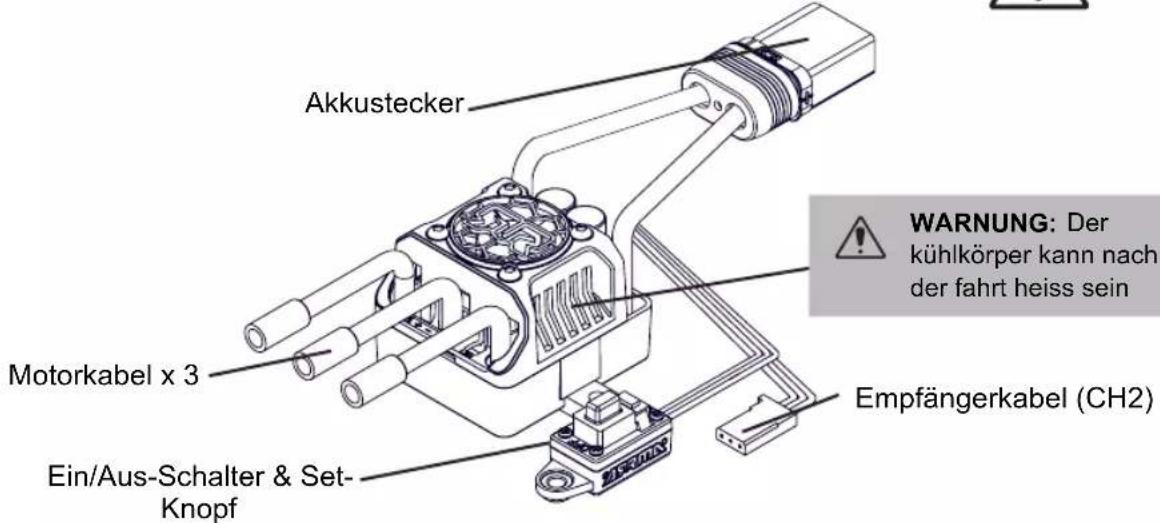 Akkustecker Motorkabel x 3 Ein/Aus-Schalter & Set-Knopf Empfängerkabel (CH2) WARNUNG: Der kühlkörper kann nach der fahrt heiss sein