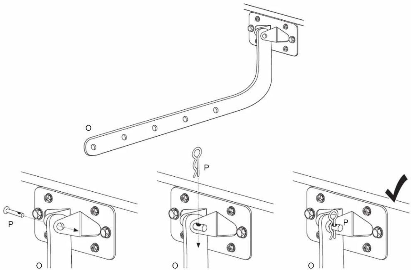 Technical diagram showing mechanical assembly steps with labeled parts and directional arrows indicating movement or adjustment.