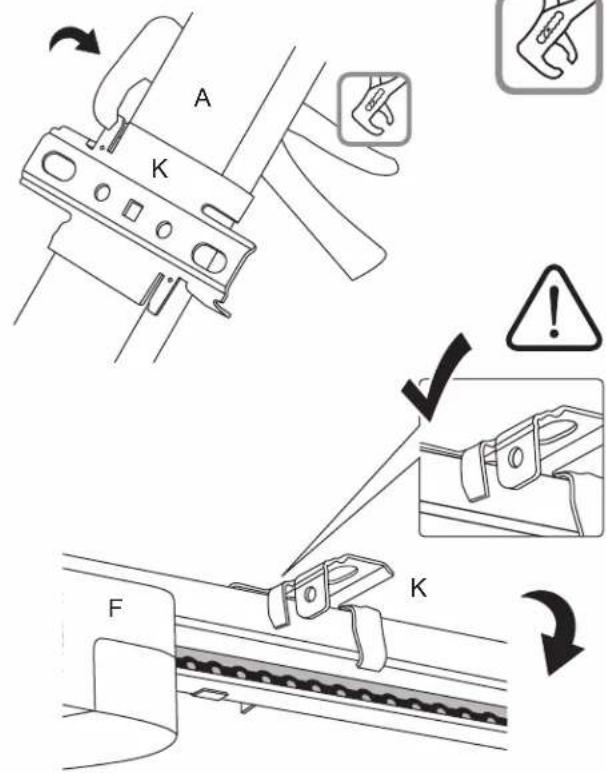Technical diagram illustrating mechanical assembly steps with labeled components A and K, including warning symbols and directional arrows.