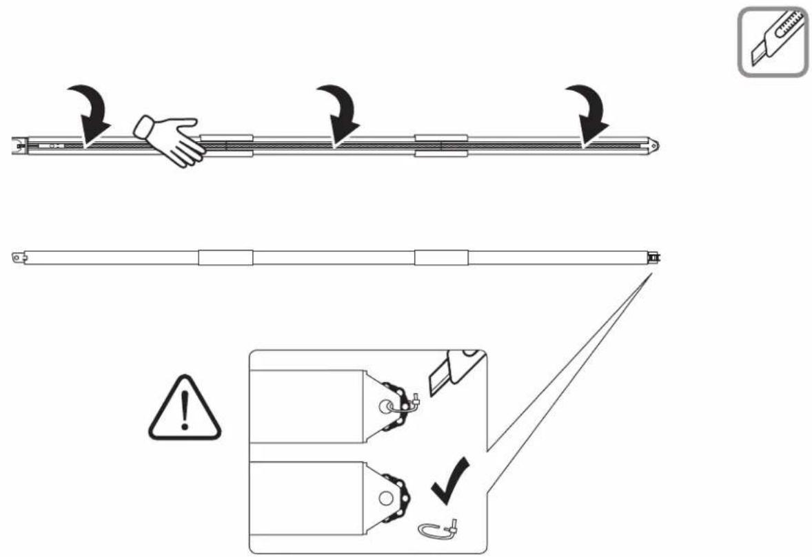 Diagram illustrating a mechanical assembly process with labeled steps and warning symbols