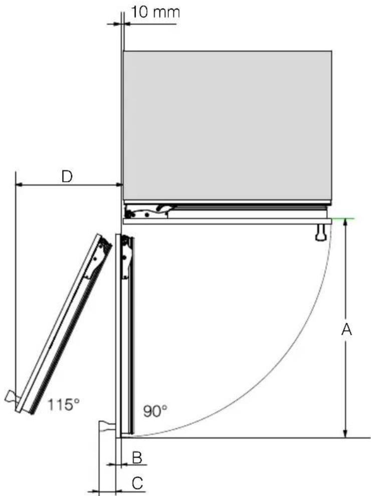MIELE F 2413 Vi - Cotes avec porte ouverte (angle d'ouverture 115^ ) - 1