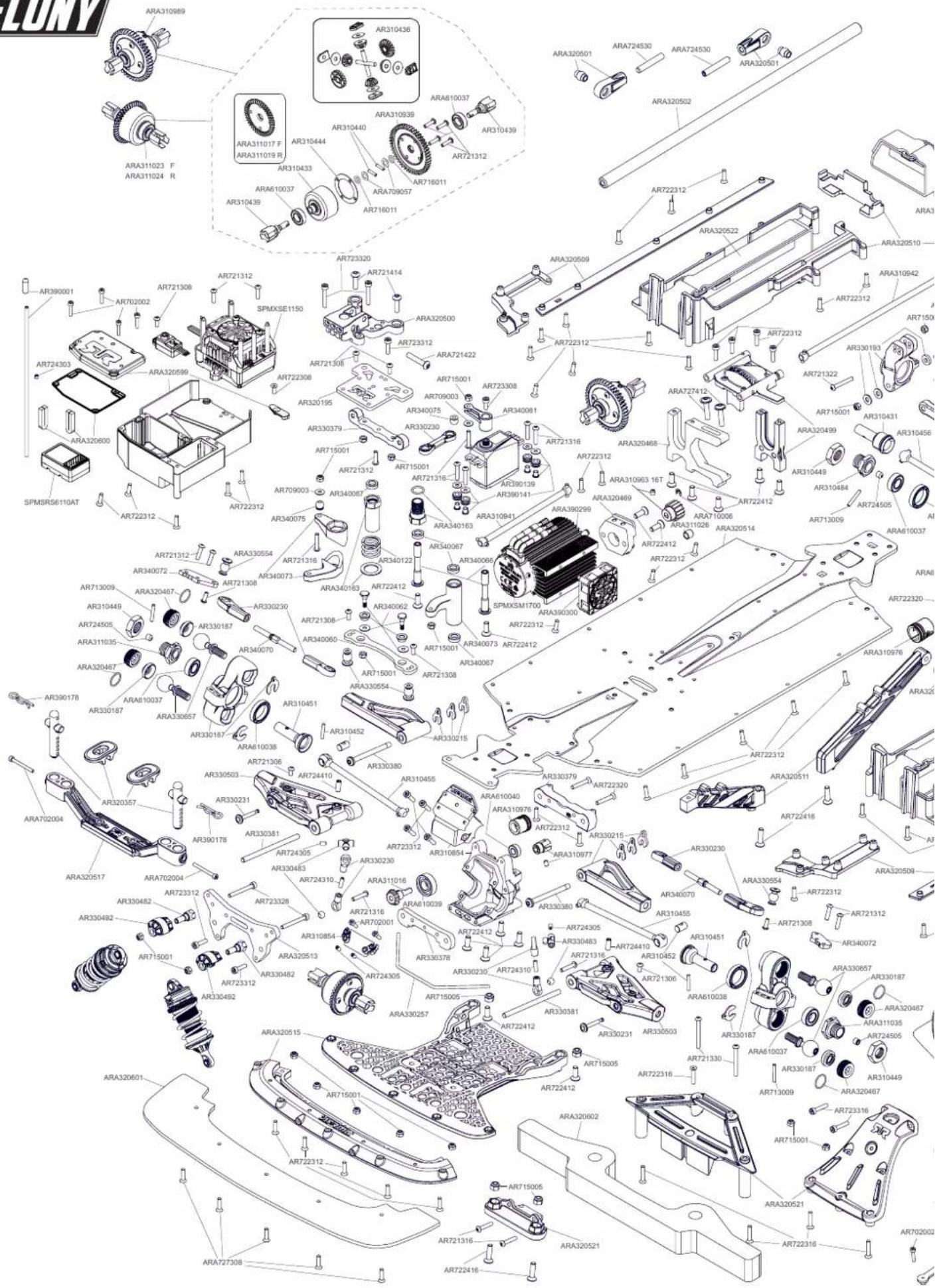 Exploded view diagram of an automotive assembly with labeled components such as ARA3, AR3, and SPMXSE1150