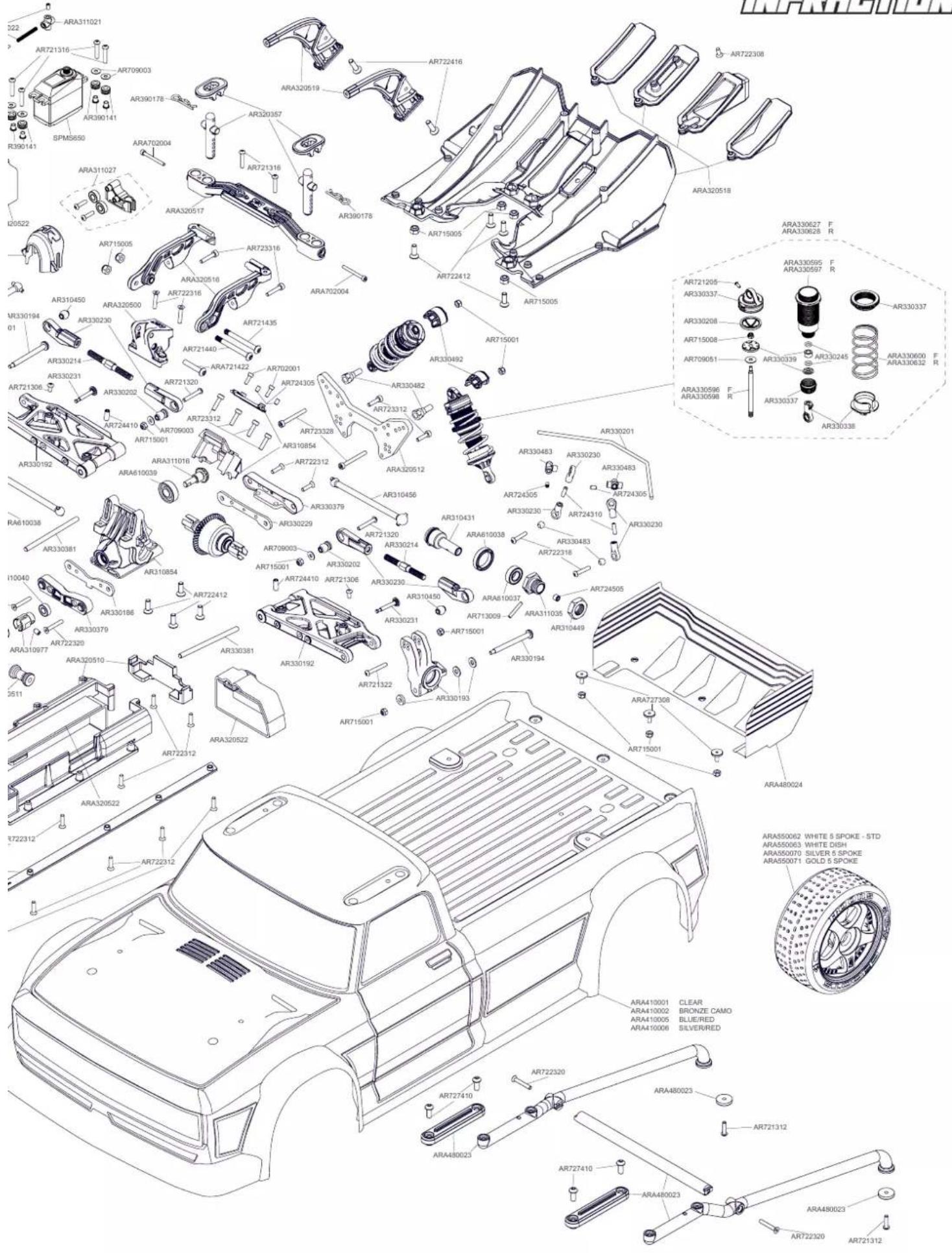 Exploded view diagram of an automotive chassis with labeled components such as ARA, AR, and SPOKE parts