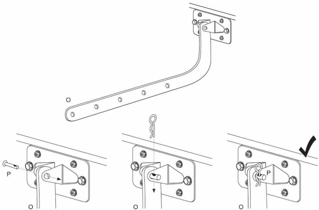 Technical diagram showing mechanical assembly steps with labeled components and directional arrows indicating movement or adjustment.