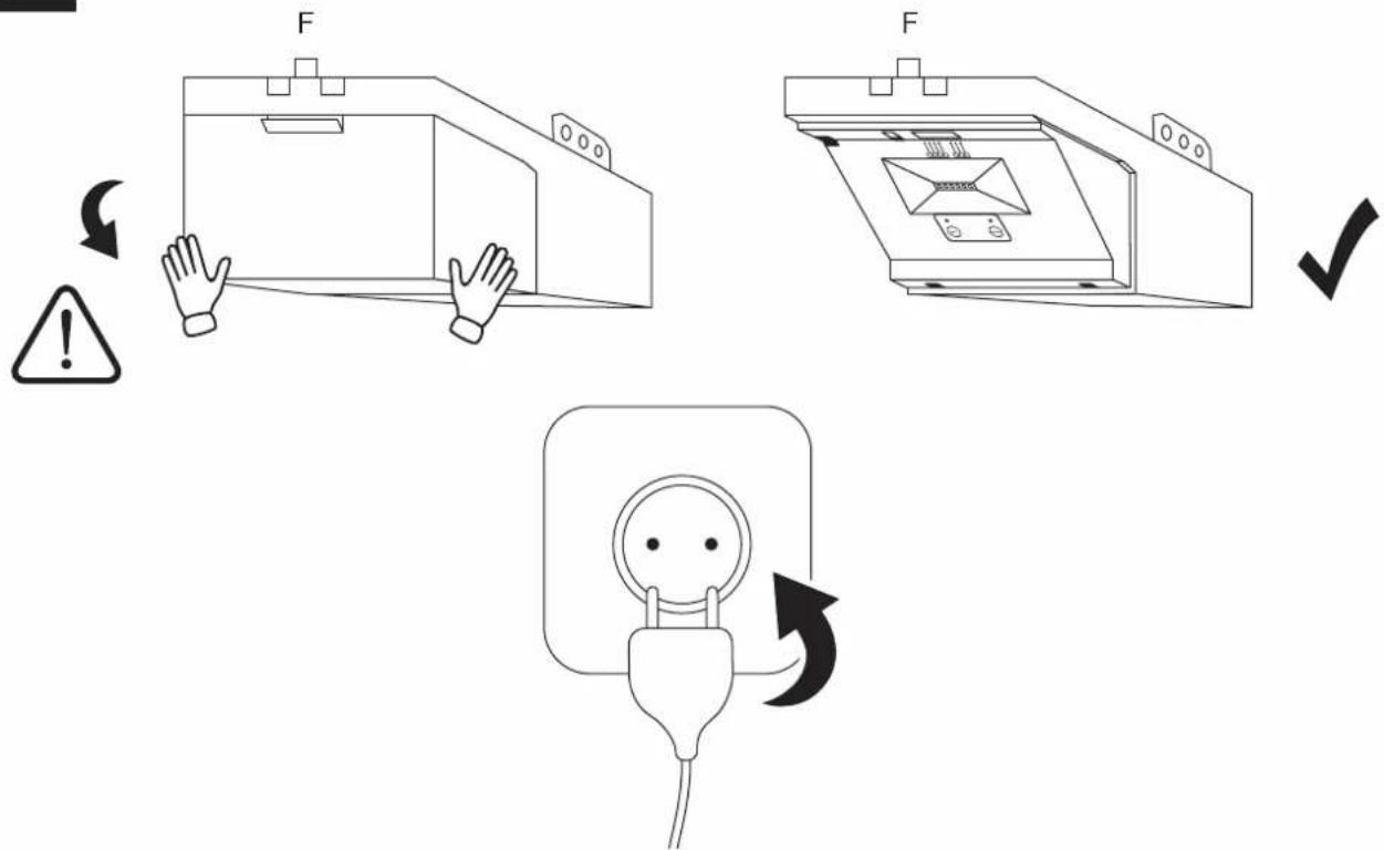 Diagram illustrating three steps of a fuse or switch installation: intact, open, and closed, with warning symbols and electrical plug.
