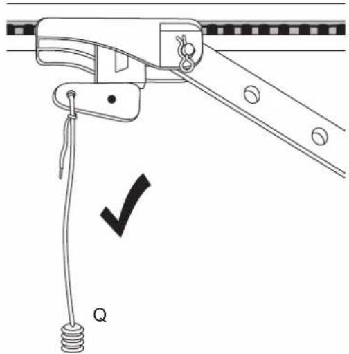 Diagram of a mechanical lifting or suspension system with labeled components and a checkmark indicating a specific point.