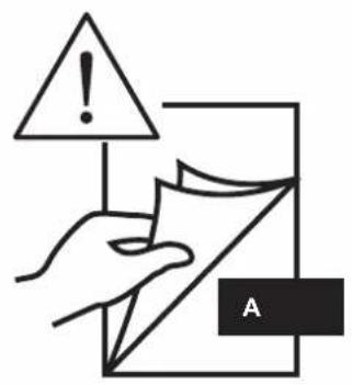Warning symbol with exclamation mark and document labeled A, indicating a hazard or warning against a document.
