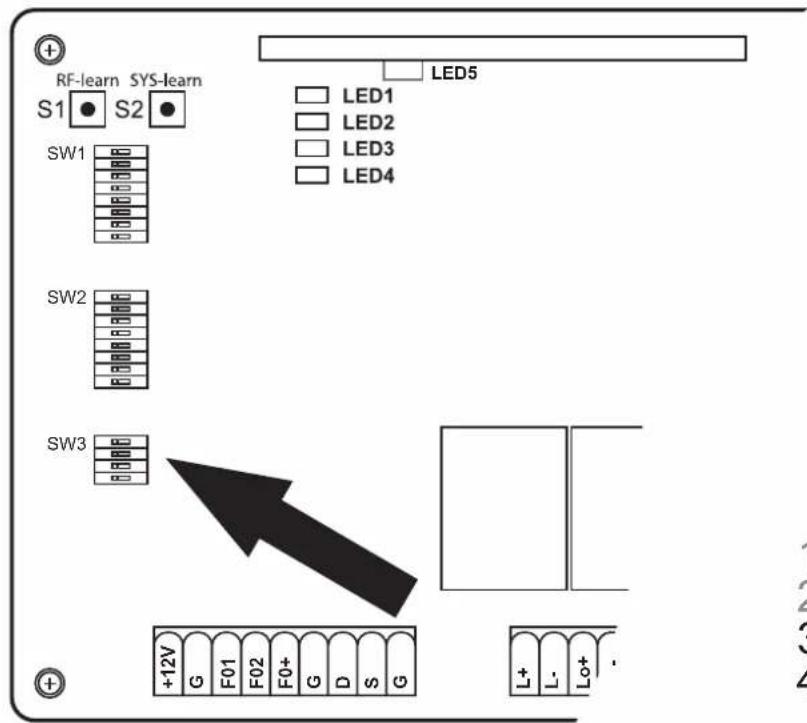 RF-learn SYS-learn S1 S2 SW1 LED5 LED1 LED2 LED3 LED4 SW2 SW3 +12V G F01 F02 F0+ G D S G L+ L- Lo+ . (3)