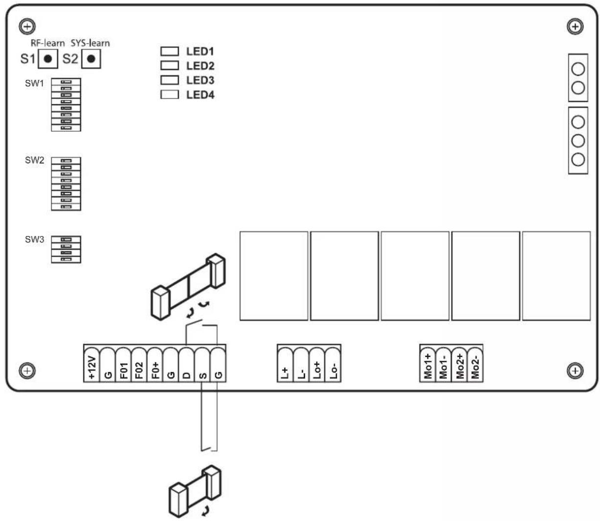 RF-learn SYS-learn S1 S2 SW1 SW2 SW3 +12V G F01 F02 F0+ G D S G LED1 LED2 LED3 LED4 L+ L- Lo+ Lo- Mo1+ Mo1- Mo2+ Mo2-