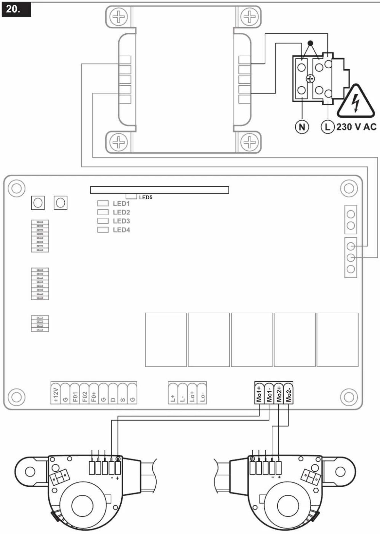 20. LED5 LED1 LED2 LED3 LED4 +12V G F01 F02 F0+ G D S G L+ L- Lo+ Lo- Mo1+ Mo1- Mo2+ Mo2-