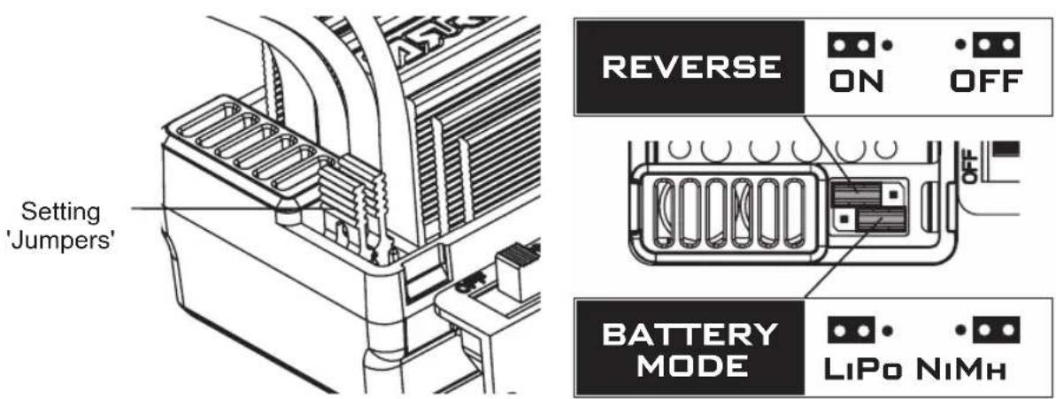 Setting 'Jumpers' REVERSE ON OFF BATTERY MODE LiPo NiMn