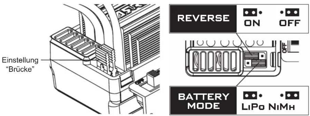 Einstellung "Brücke" REVERSE ON OFF BATTERY MODE LiPo NiMn
