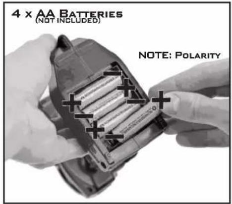 4 x AA BATTERIES (NOT INCLUDED) NOTE: POLARITY