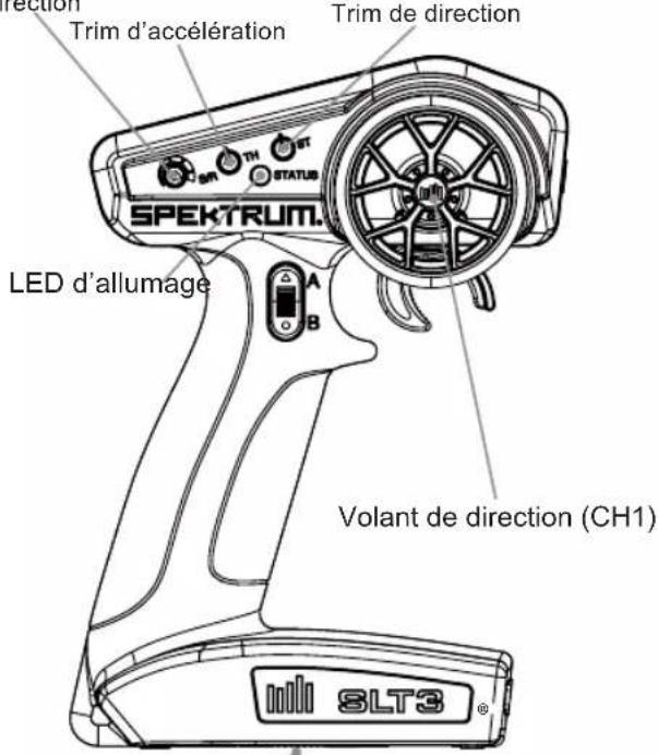Direction Trim d'accélération Trim de direction SPEKTRUM. LED d'allumage A B Volant de direction (CH1) 8LT3®