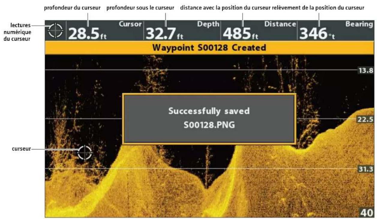 profondeur du curseur profondeur sous le curseur distance avec la position du curseur relèvement de la position du curseur locures numérique du curseur 28.5 ft Cursor 32.7 ft Depth 485 ft Distance 346° t Bearing Waypoint S00128 Created 13.8 Successfully saved S00128.PNG 22.5 curseur 31.3 40