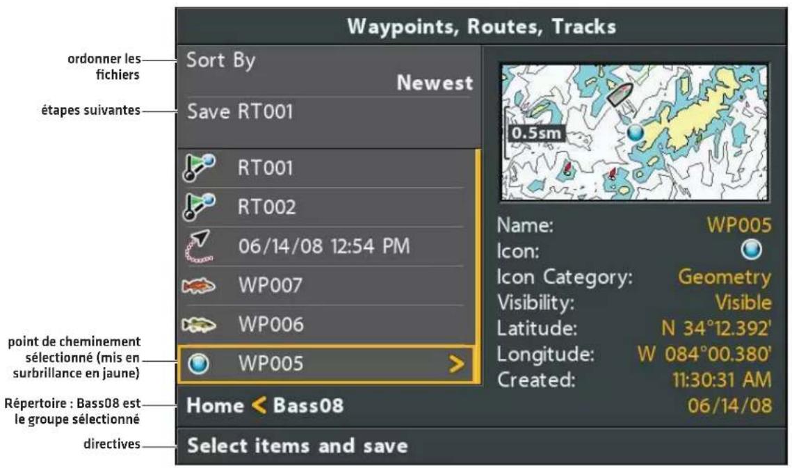 Waypoints, Routes, Tracks ordonner les fichiers Sort By Newest étapes suivantes Save RT001 RT001 RT002 06/14/08 12:54 PM WP007 WP006 point de cheminement sélectionné (mis en surbrillance en jaune) WP005 Répertoire : Bass08 est le groupe sélectionné directives Home < Bass08 Select items and save Name: WP005 Icon: Geometry Visibility: Visible Latitude: N 34°12.392' Longitude: W 084°00.380' Created: 11:30:31 AM 06/14/08