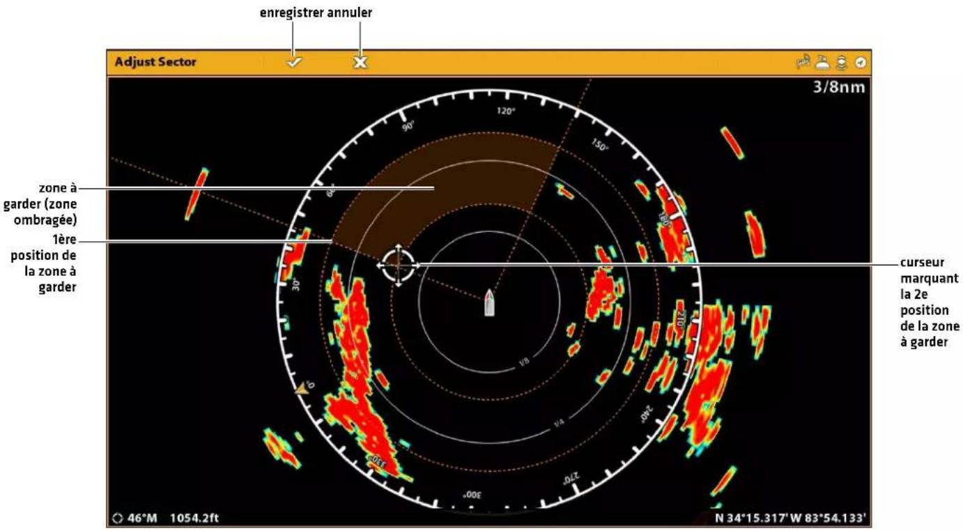 enregistrer annuler Adjust Sector 3/8nm zone à garder (zone ombragée) 1ère position de la zone à garder curseur marquant la 2e position de la zone à garder 46°M 1054.2ft N 34°15.317'W 83°54.133'