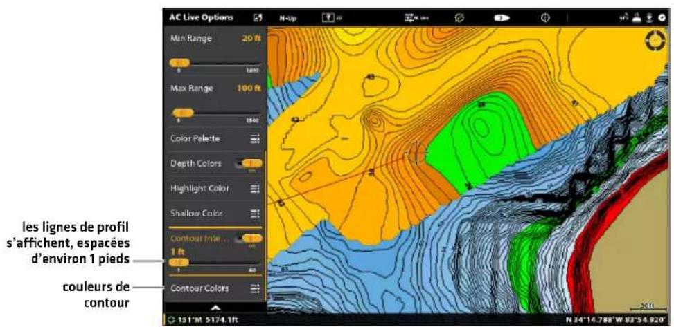 AC Live Options Min Range 20 ft Max Range 100 ft Color Palette Depth Colors Highlight Color Shallow Color Contour Inte... 1 ft Contour Colors les lignes de profil s'affichent, espacées d'environ 1 pieds couleurs de contour 151°M 5174.1ft N-1ip 34°14.788'W 83°54.920'