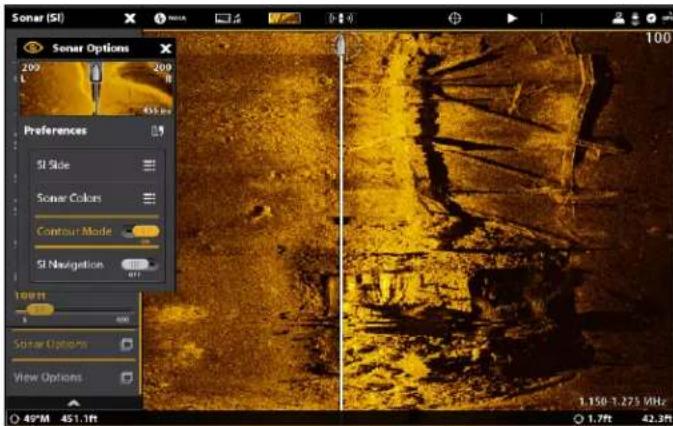 Sonar (SI) 209 209 451.1ft Sonar Options Preferences SI Side Sonar Colors Contour Mode SI Navigation 100ft 50ft 50star Options View Options 49°M 451.1ft 1.150-1.275 MHz 1.7ft 42.3ft