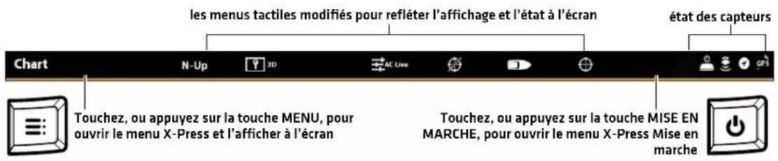 les menus tactiles modifiés pour refléter l'affichage et l'état à l'écran État des capteurs Chart N-Up 2D AC Live Touchez, ou appuyez sur la touche MENU, pour ouvrir le menu X-Press et l'afficher à l'écran Touchez, ou appuyez sur la touche MISE EN MARCHE, pour ouvrir le menu X-Press Mise en marche