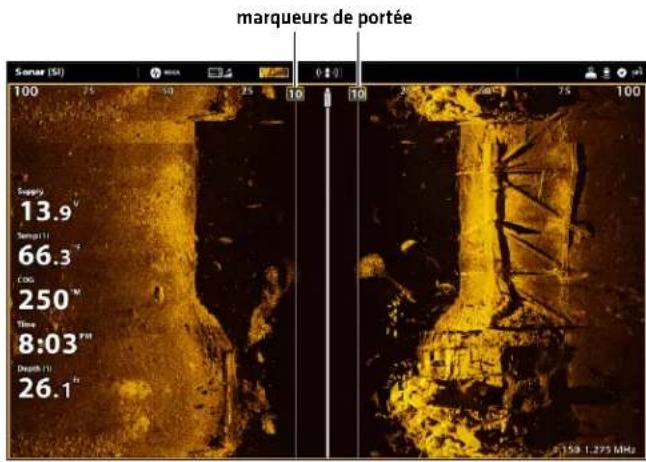marqueurs de portée Sonar (Si) 100 25 50 25 10 10 25 50 75 100 Supply 13.9 V Temp (1) 66.3 °F COG 250 M Time 8:03 PM Depth (1) 26.1 Fz 158.1.275 MHz
