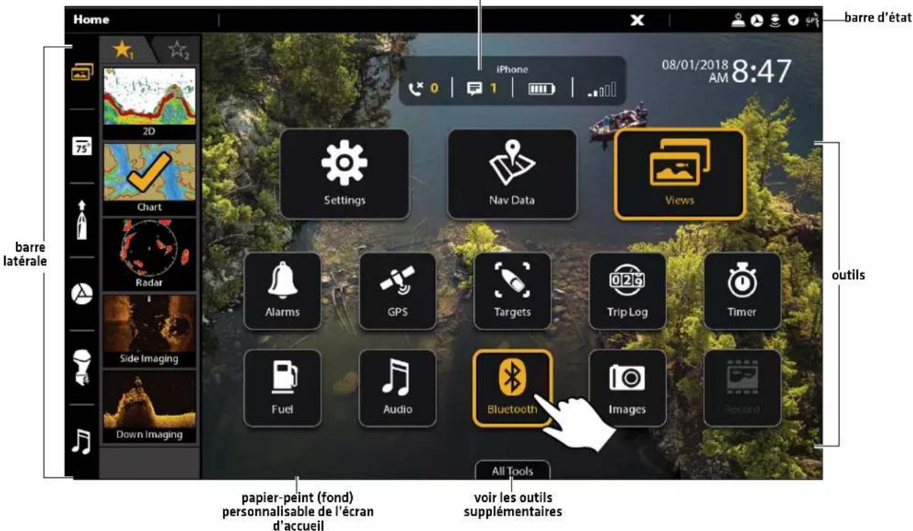 Home barre d'état 08/01/2018 8:47 iPhone Settings Nav Data Views Barre latérale Outils papier-peint (fond) personnalisable de l'écran d'accueil voir les outils supplémentaires Down Imaging Back Alarms GPS Targets Trip Log Timer Fuel Audio Bluetooth Images Record All Tools
