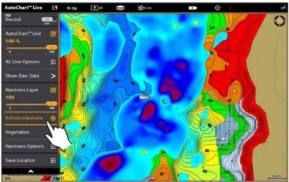 AutoChart™ Live Record OFF AutoChart™ Live 100 % 0 100 AC Live Options Show Raw Data > Hardness Layer 100 1 100 Bottom Hardness Vegetation Hardness Options Save Location Off N-Up 20 AC Live GPS 100ft 12 42 56 36 24 18 12 8 4 2 1 0